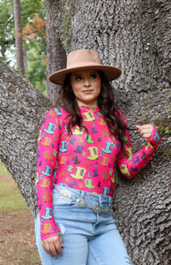 Boots & Babes Long Sleeve Mesh Top - Pink Multi