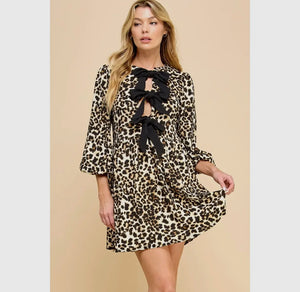 Print Woven Ribbon Tie Short Dress