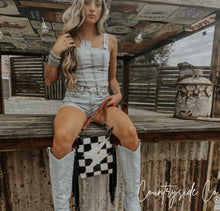 Load image into Gallery viewer, Checkered Cowhide Bolt Purse with Tooled Leather Strap