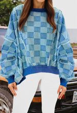 Load image into Gallery viewer, Checkered Splicing Raw Detail Oversized Denim Pullover