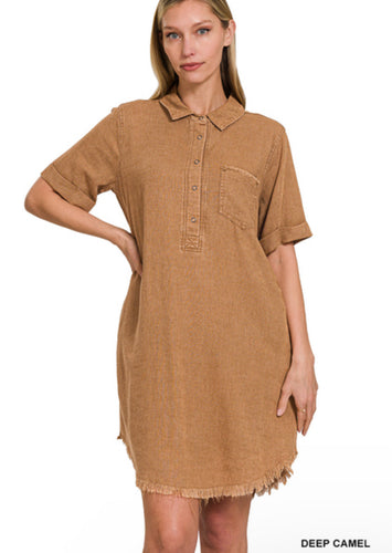 Washed Linen Raw Edge Button Down V-Neck Dress