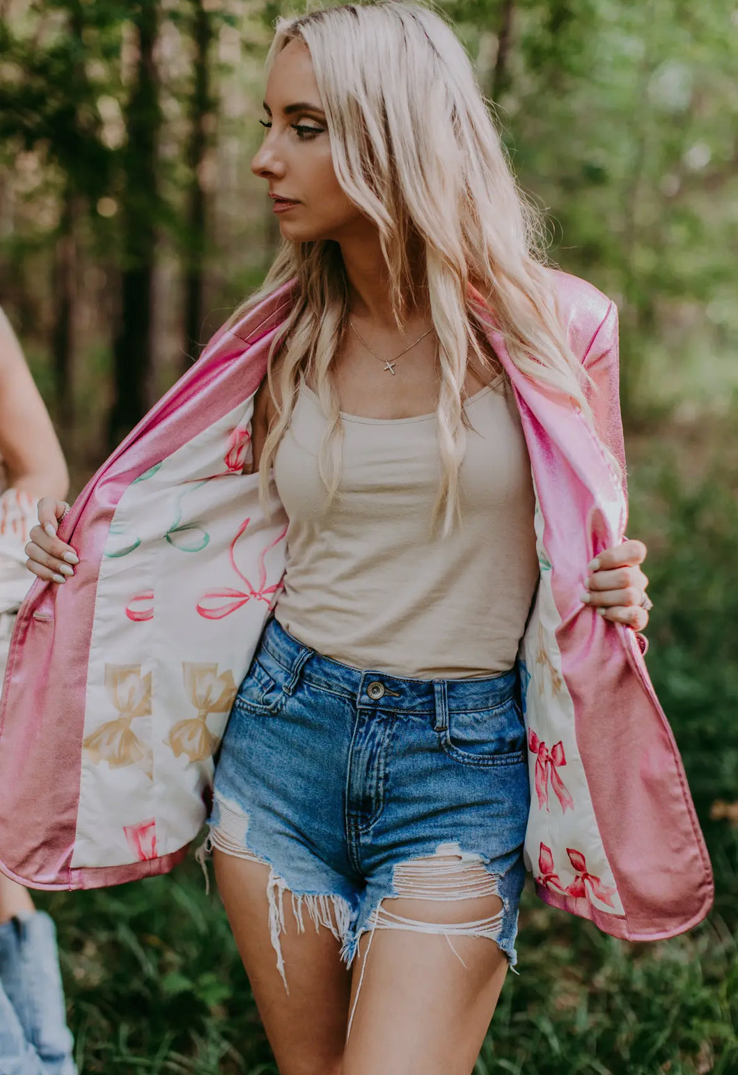 Metallic Faux Leather Blazer Pink