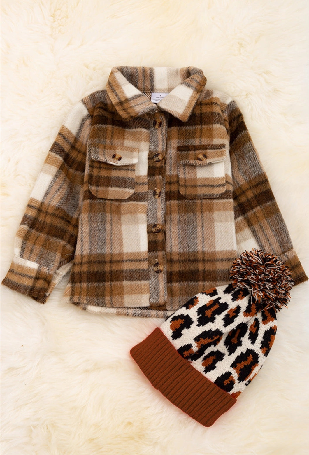 (Unisex)Tan/Light Brown Plaid Shacket