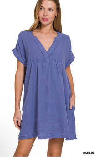 Double Gauze Raw Edge V-Neck Dress