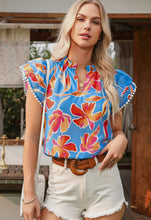 Load image into Gallery viewer, Floral Print Pompom Trim Flutter Sleeve Top