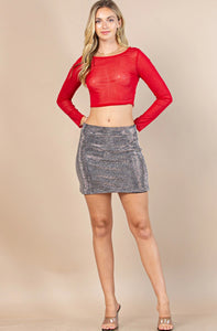 Sequin Detail Stretch Mesh Round Neck Crop Top