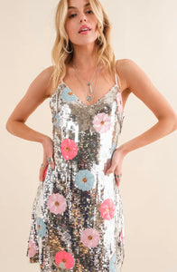 Sequin Flower Embellished Cami Mini Dress