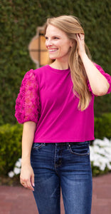 Midnight Blossom Magenta Floral Puff Sleeve