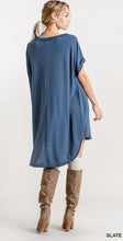 Load image into Gallery viewer, Short Folded Sleeve Frayed Edge Detail Dress With Raw Scoop Hem