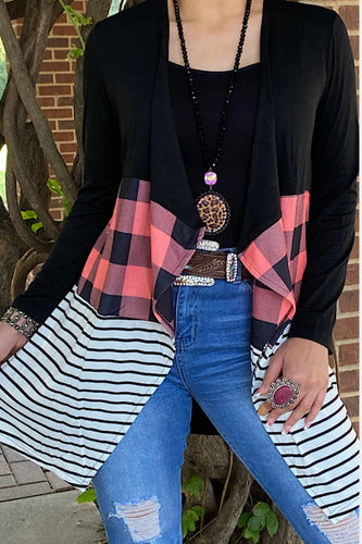 Open Front Plaid Print Long Sleeve Cardigan