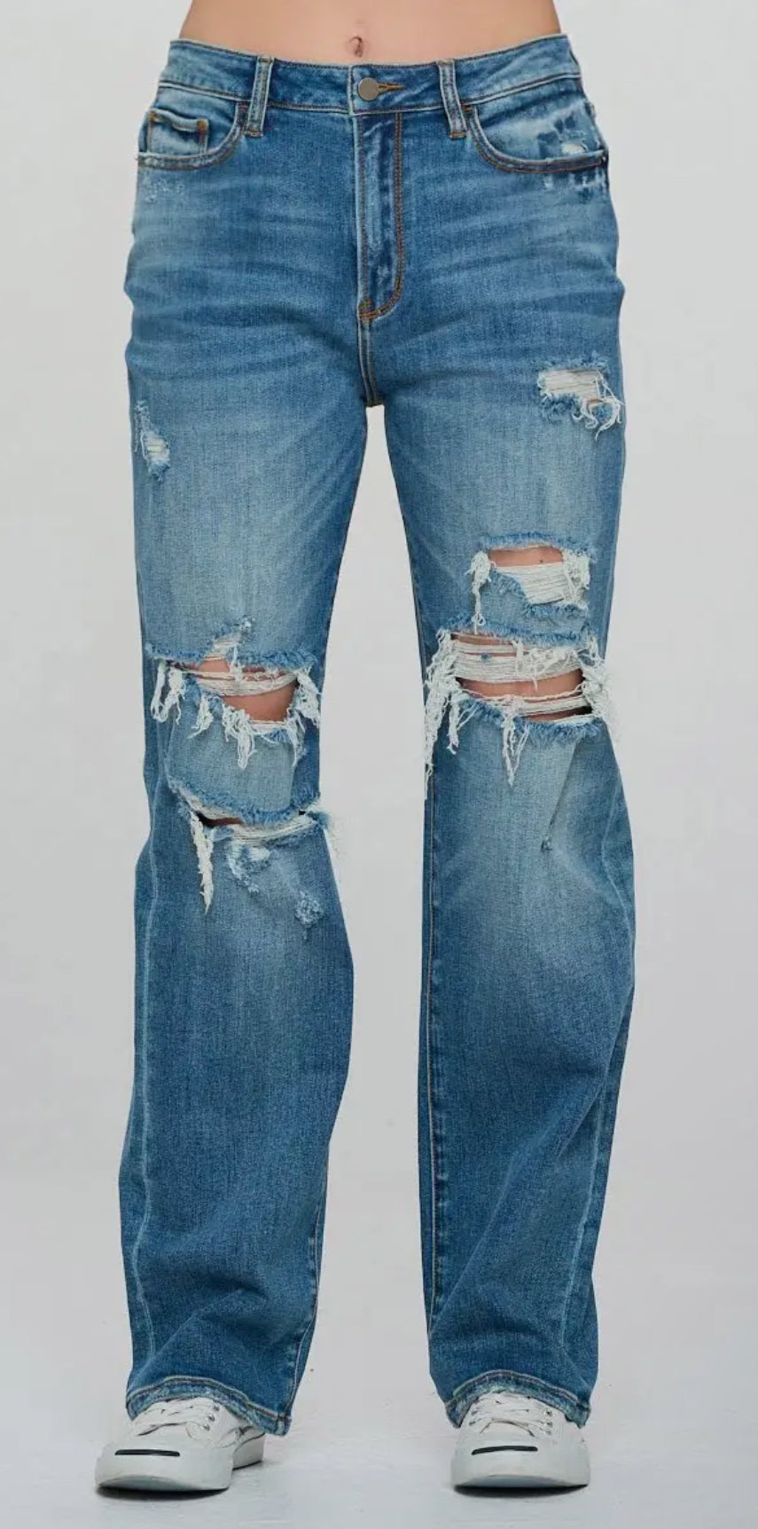 Medium Wash - High Rise Distressed Straight Jeans