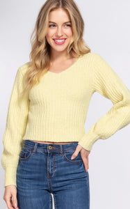 Long Puff Sleeve V-Neck Rib Sweater Top