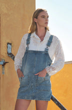 Load image into Gallery viewer, Denim Overall Mini Dress In Denim &amp; Black Denim
