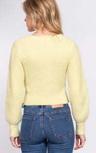 Long Puff Sleeve V-Neck Rib Sweater Top