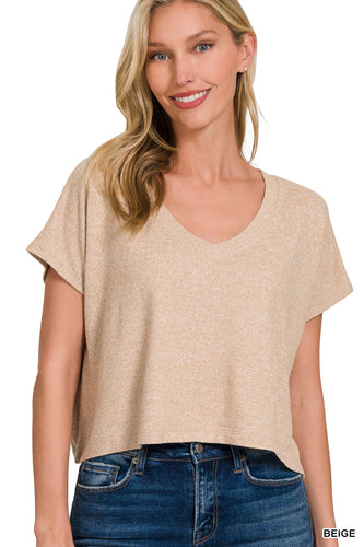 Soft Melange V-Neck Drop Shoulder Cropped Top