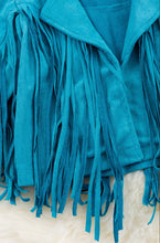 Load image into Gallery viewer, Teal Faux Suede Fringe Jacket