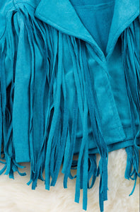 Teal Faux Suede Fringe Jacket