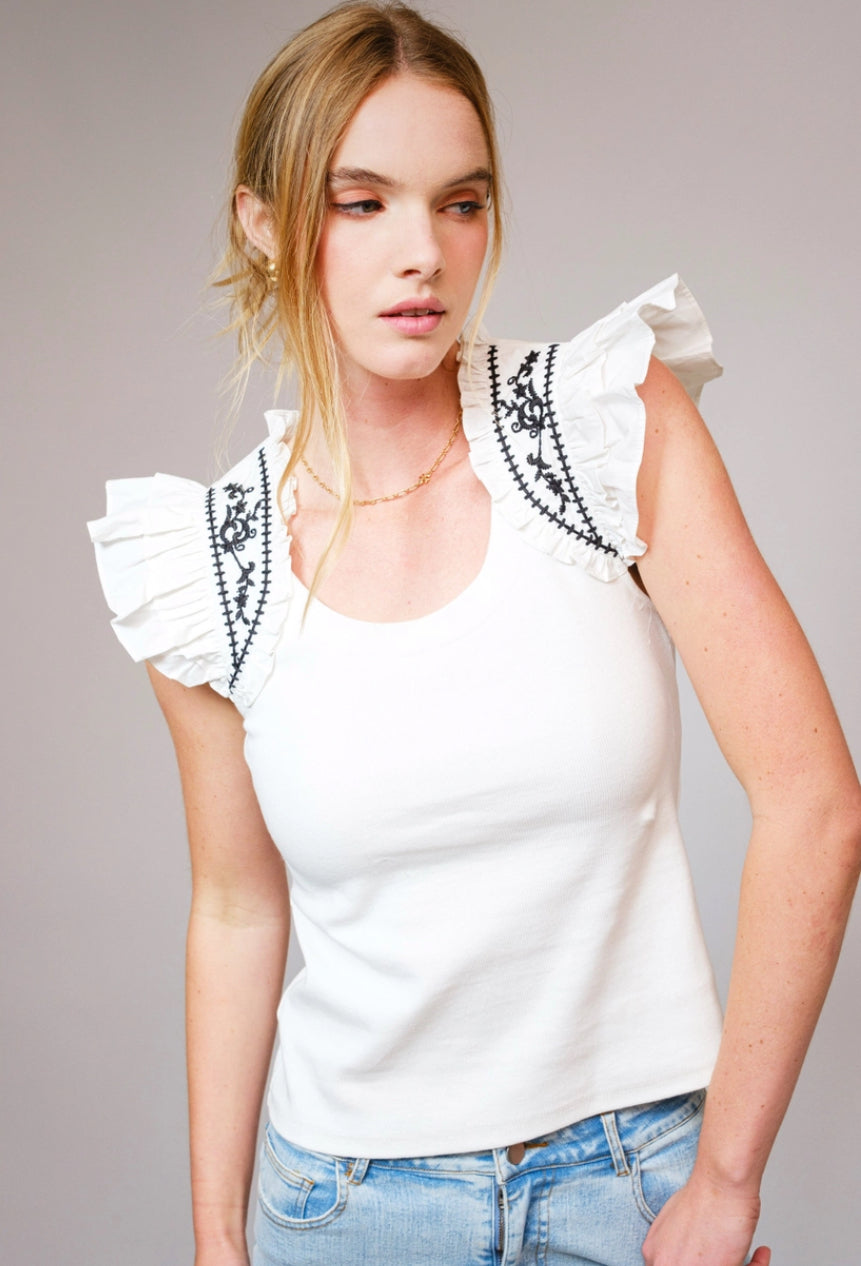 Embroidered Ruffle Shoulder Top