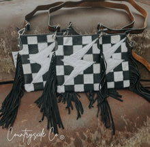 Load image into Gallery viewer, Checkered Cowhide Bolt Purse with Tooled Leather Strap