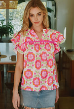 Load image into Gallery viewer, Floral Ruffle Sleeve Ric-Rac Trim Split Neck Loose Top