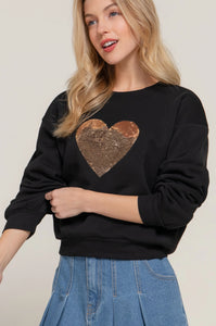 Long Sleeve Crew Neck Sequin Detail Inner Fleece Sweatshirt - Black