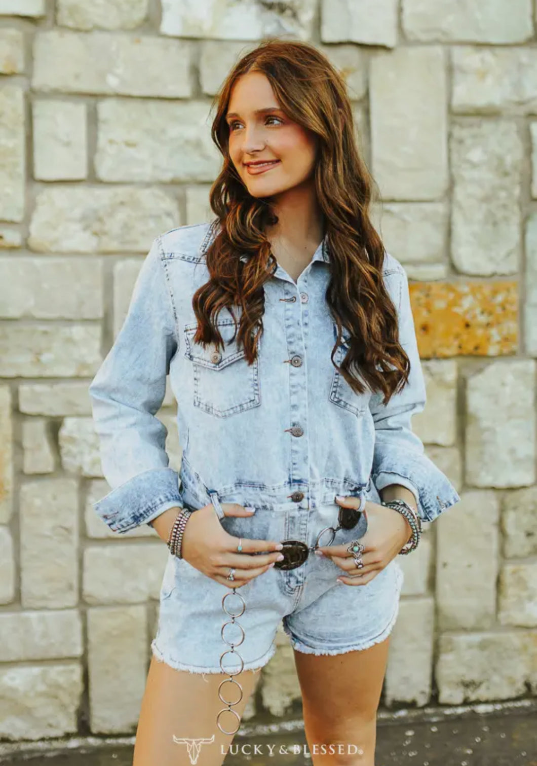 Light Stone Wash Denim Stretch Button Down Romper