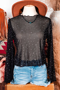 Fashion-W Rhinestone Sheer Mesh Slim Fit Long Sleeve Top