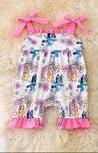 Load image into Gallery viewer, Blue* Printed Girls Romper W/Ruffle Hem
