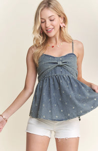 Bow Accent Distressed Washed Denim Top