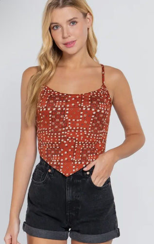 Pointed V Hem Back Strappy Halter Print Knit Top