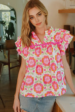 Load image into Gallery viewer, Floral Ruffle Sleeve Ric-Rac Trim Split Neck Loose Top