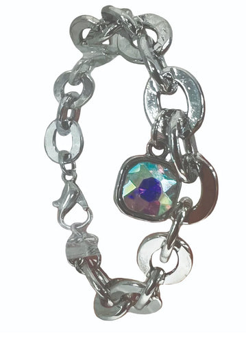 Silver Chunky Chain Bracelet With AB Charm - Silver