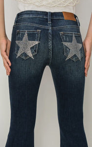 Mid Rise Super Flare Star Rhinestone On Back Pockets Jeans