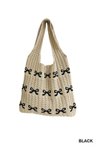 Ribbon Bow Pattern Knitted Woven Crochet Tote Bag