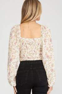 Long Sleeve Woven Print Ruched Top