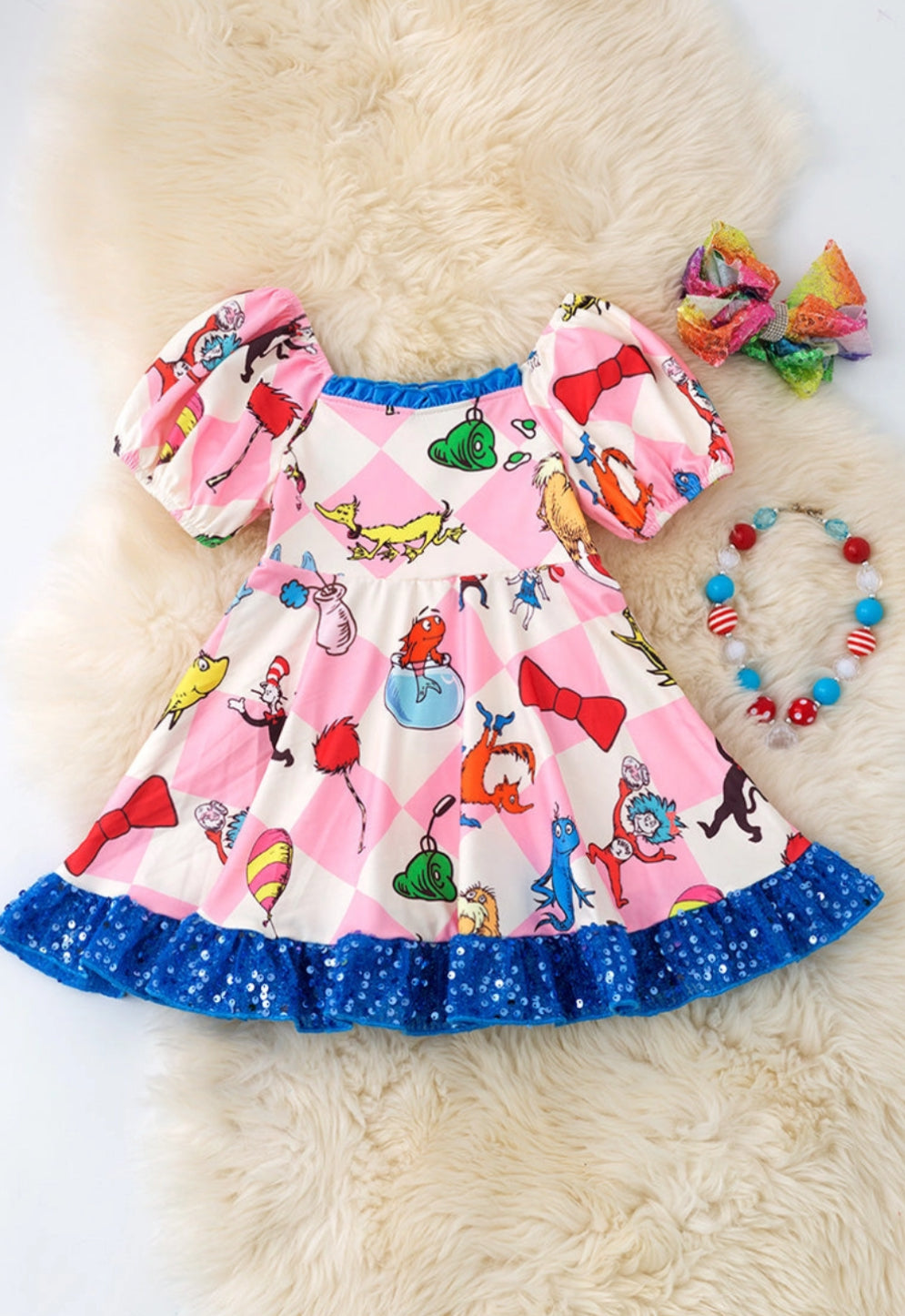Diamond Pattern Dr.Seus* Printed Dress with Bubble Sleeve & Sequins Hem