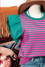 Load image into Gallery viewer, Stripe Colorblock Ruffled Sleeve Crew Neck Top