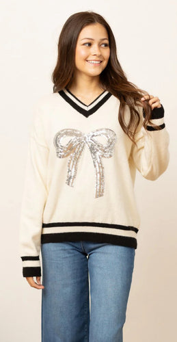 Silver Sequin Bow On Cream Varsity Sweater