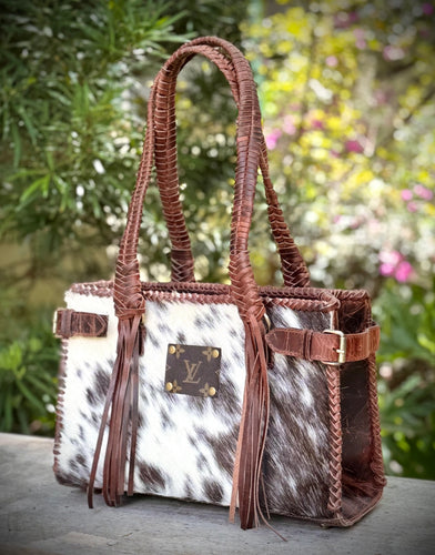 Upcycled Lv Cowhide Leather Fringe Shoulder Bag Western