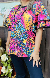 Colorful Leopard Double Ruffle Short Sleeve Top