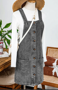 Western Wide Strap Button Front Pocketed Denim Mini Dress