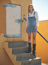 Load image into Gallery viewer, Denim Overall Mini Dress In Denim &amp; Black Denim