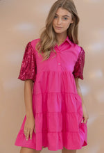 Load image into Gallery viewer, Sequin Puff Slv Tiered Poplin Button Up Shirt Dress