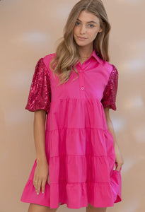 Sequin Puff Slv Tiered Poplin Button Up Shirt Dress