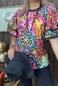 Colorful Leopard Double Ruffle Short Sleeve Top