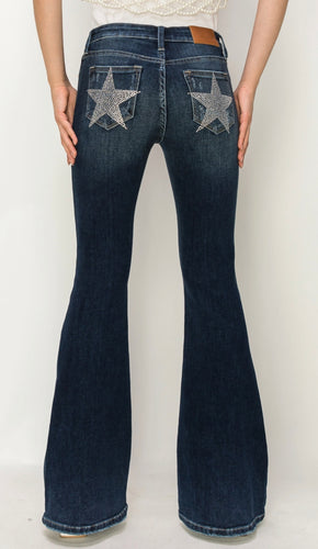 Mid Rise Super Flare Star Rhinestone On Back Pockets Jeans