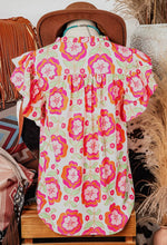 Load image into Gallery viewer, Floral Ruffle Sleeve Ric-Rac Trim Split Neck Loose Top