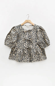Animal Print Front Bow Tie Peplum Blouse