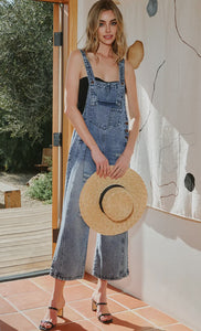 Fashion-W Distressed Bib Pocket Wide Leg Denim Overall