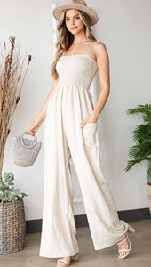 Solid Linen Smocked Jumpsuits